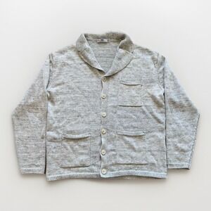 Inis Meain Pub Jacket Mens L 100% Washed Linen Cardigan Sweater Gray